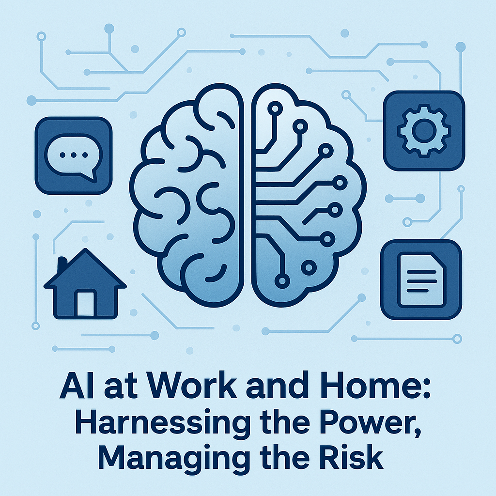 Split scene illustration contrasting AI convenience with privacy and security risks