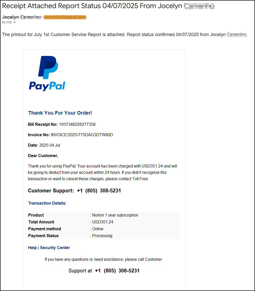 Screenshot showing a suspicious email sender address that is not from the real company domain