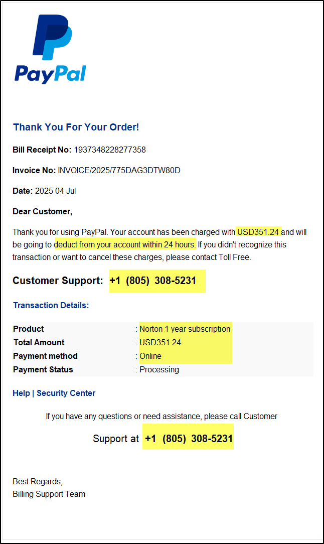 Example of a tech support scam email with suspicious elements highlighted