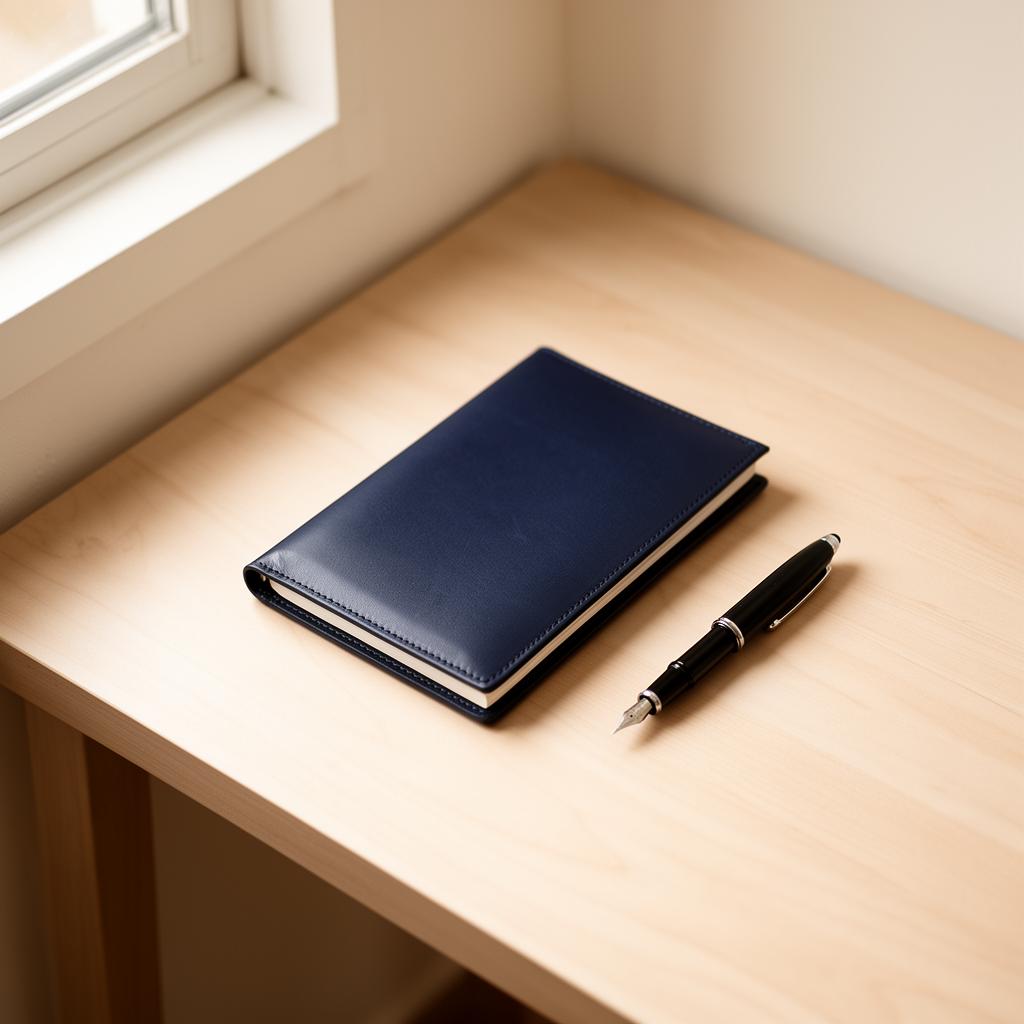 A navy leather notebook and fountain pen on a wooden desk
